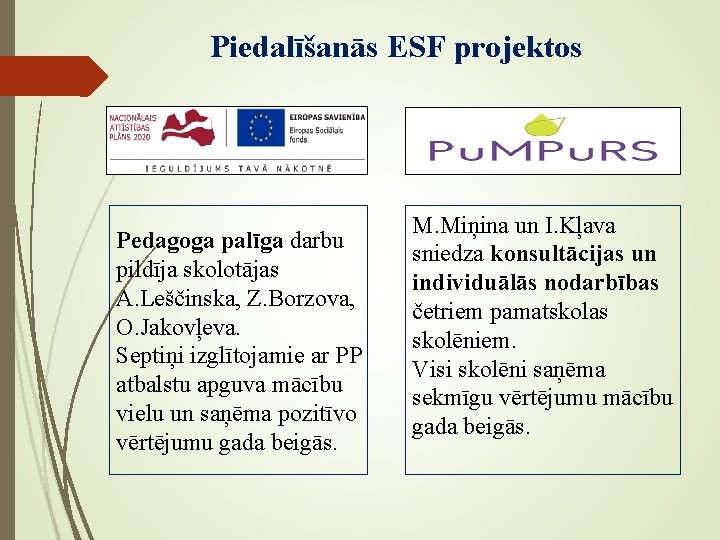 Piedalīšanās ESF projektos Pedagoga palīga darbu pildīja skolotājas A. Leščinska, Z. Borzova, O. Jakovļeva.