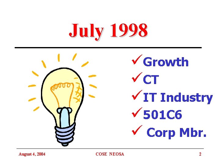 July 1998 üGrowth üCT üIT Industry ü 501 C 6 ü Corp Mbr. August