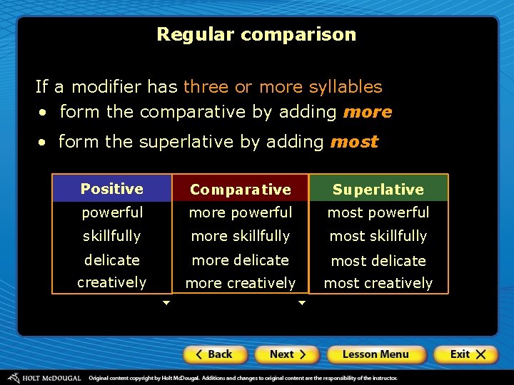 Regular comparison If a modifier has three or more syllables • form the comparative