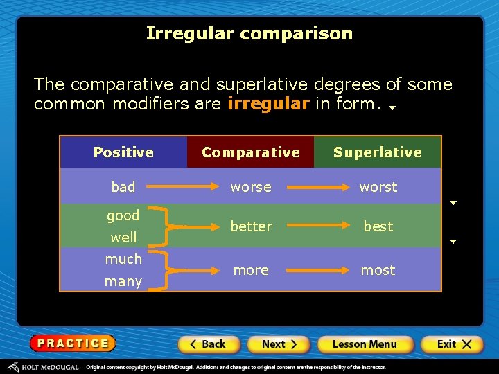 Irregular comparison The comparative and superlative degrees of some common modifiers are irregular in