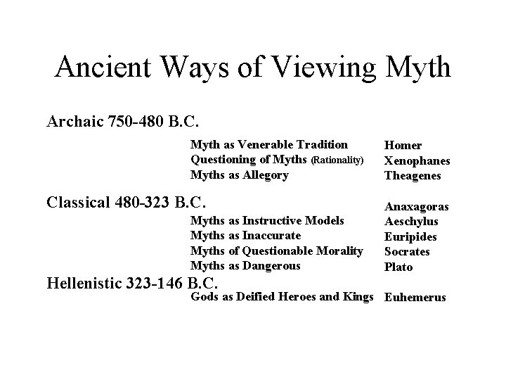 Ancient Ways of Viewing Myth Archaic 750 -480 B. C. Myth as Venerable Tradition
