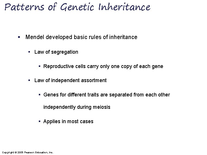 Patterns of Genetic Inheritance § Mendel developed basic rules of inheritance § Law of