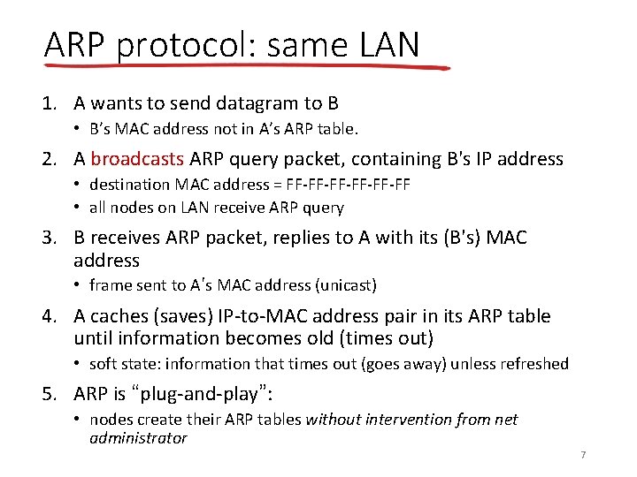 ARP protocol: same LAN 1. A wants to send datagram to B • B’s