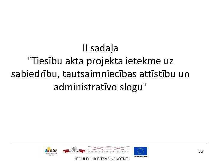 II sadaļa "Tiesību akta projekta ietekme uz sabiedrību, tautsaimniecības attīstību un administratīvo slogu" 35