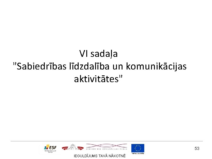 VI sadaļa "Sabiedrības līdzdalība un komunikācijas aktivitātes" 53 IEGULDĪJUMS TAVĀ NĀKOTNĒ 