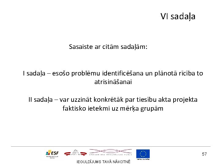 VI sadaļa Sasaiste ar citām sadaļām: I sadaļa – esošo problēmu identificēšana un plānotā