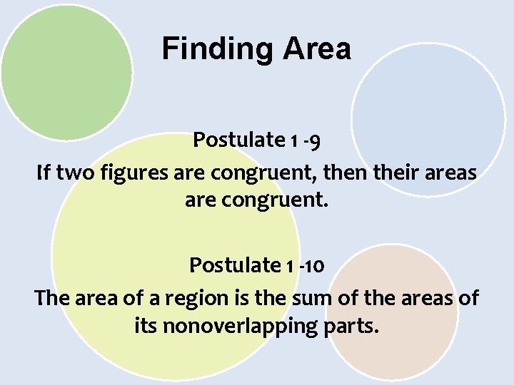 Finding Area Postulate 1 -9 If two figures are congruent, then their areas are