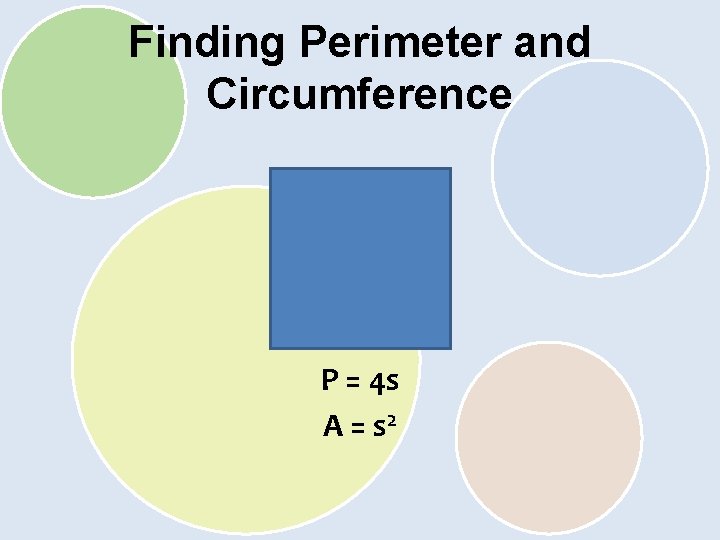 Finding Perimeter and Circumference P = 4 s A = s 2 