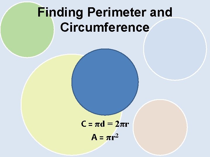 Finding Perimeter and Circumference C = πd = 2πr A = πr 2 
