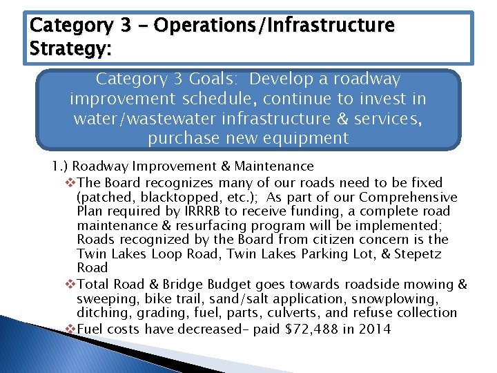 Category 3 – Operations/Infrastructure Strategy: Category 3 Goals: Develop a roadway improvement schedule, continue