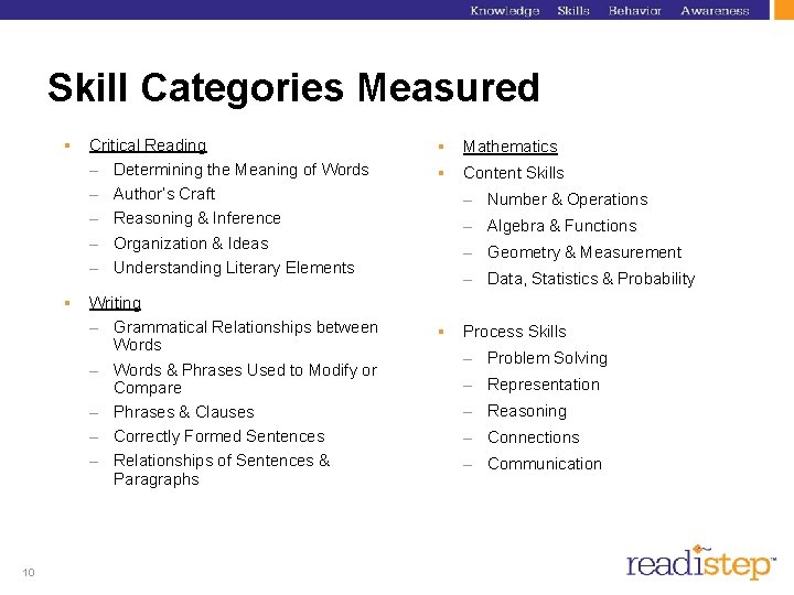 Skill Categories Measured § § 10 Critical Reading – Determining the Meaning of Words Skill Categories Measured § § 10 Critical Reading – Determining the Meaning of Words