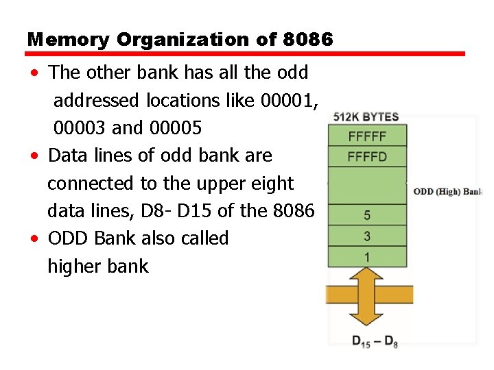 Memory Organization of 8086 • The other bank has all the odd addressed locations