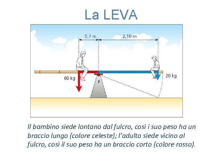 La LEVA Il bambino siede lontano dal fulcro, così i suo peso ha un