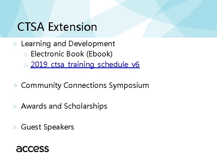 CTSA Extension ˃ Learning and Development o Electronic Book (Ebook) o 2019_ctsa_training_schedule_v 6 > CTSA Extension ˃ Learning and Development o Electronic Book (Ebook) o 2019_ctsa_training_schedule_v 6 >