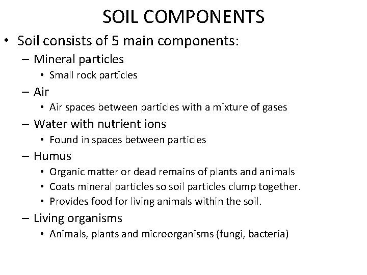 SOIL COMPONENTS • Soil consists of 5 main components: – Mineral particles • Small