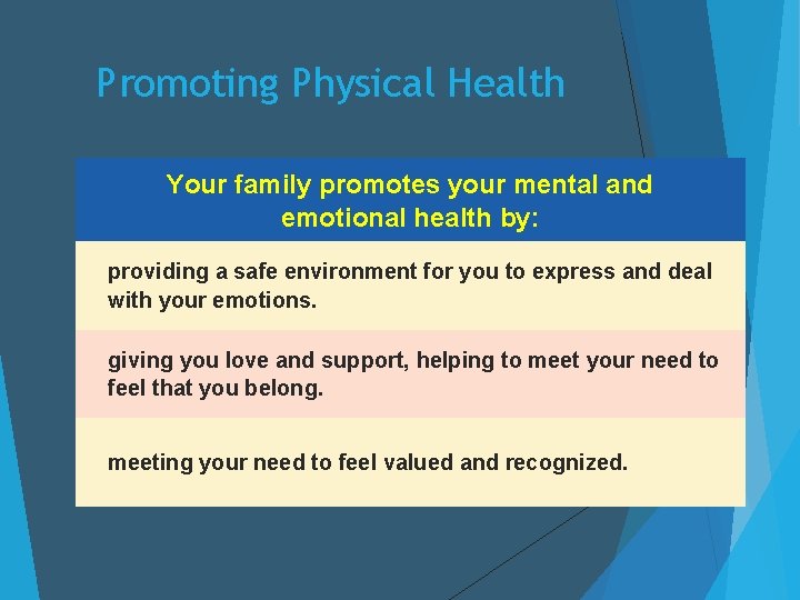 Promoting Physical Health Your family promotes your mental and emotional health by: providing a