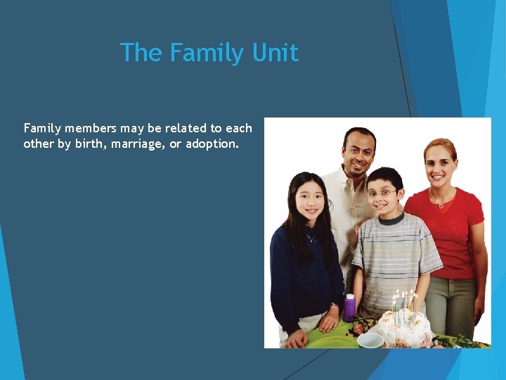 The Family Unit Family members may be related to each other by birth, marriage,