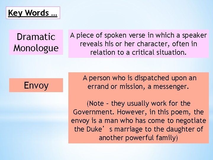 Key Words … Dramatic Monologue A piece of spoken verse in which a speaker