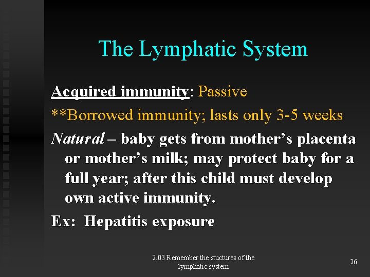 The Lymphatic System Acquired immunity: Passive **Borrowed immunity; lasts only 3 -5 weeks Natural