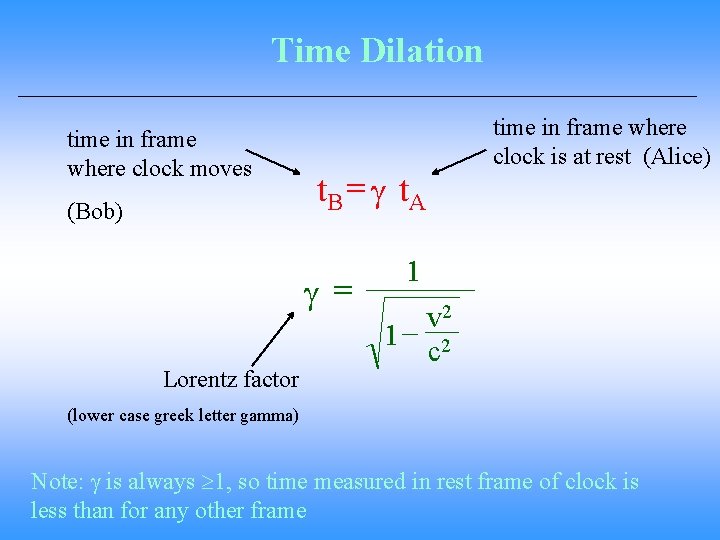 Time Dilation time in frame where clock moves (Bob) t. B = t. A