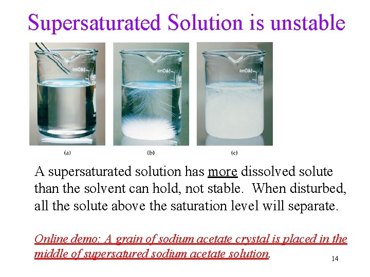 Supersaturated Solution is unstable A supersaturated solution has more dissolved solute than the solvent