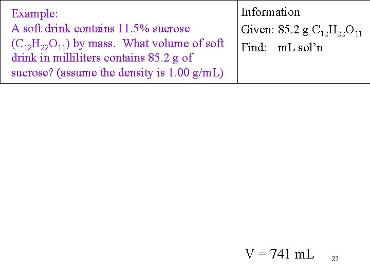 Example: A soft drink contains 11. 5% sucrose (C 12 H 22 O 11)