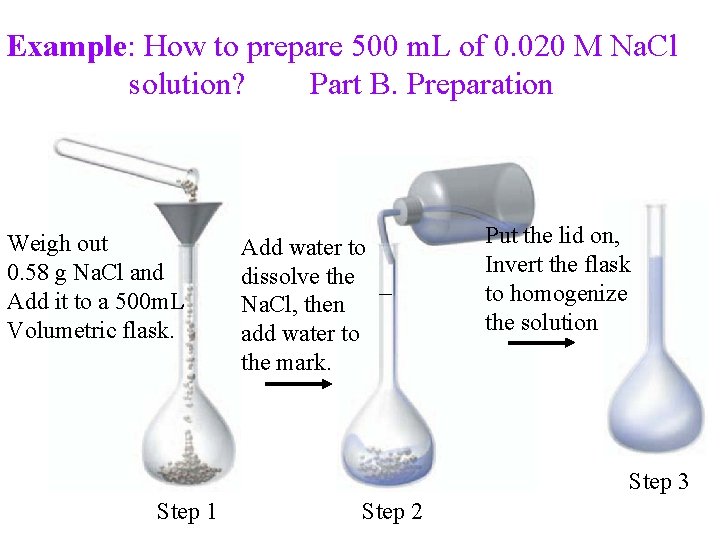 Example: How to prepare 500 m. L of 0. 020 M Na. Cl solution?