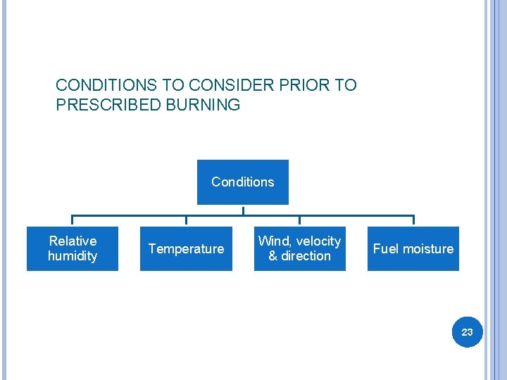 CONDITIONS TO CONSIDER PRIOR TO PRESCRIBED BURNING Conditions Relative humidity Temperature Wind, velocity &