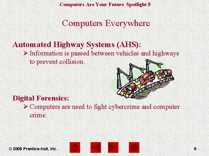 Computers Are Your Future Spotlight 8 Computers Everywhere Automated Highway Systems (AHS): Ø Information