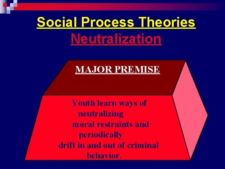 Social Process Theories Neutralization MAJOR PREMISE Youth learn ways of neutralizing moral restraints and