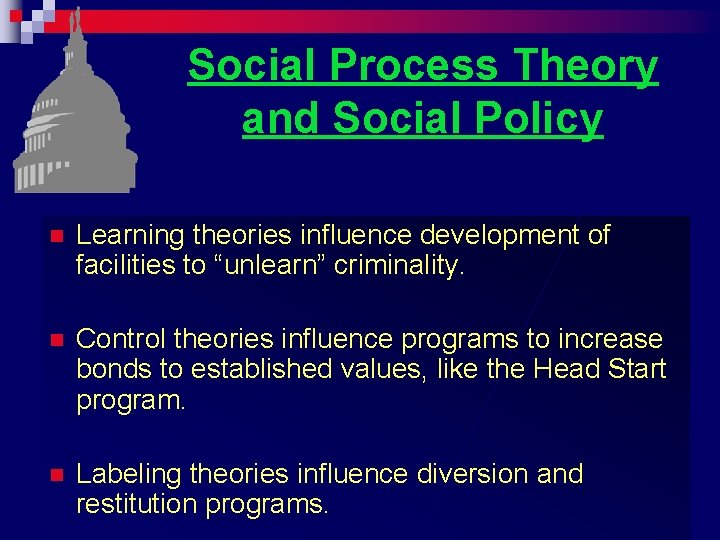 Social Process Theory and Social Policy n Learning theories influence development of facilities to