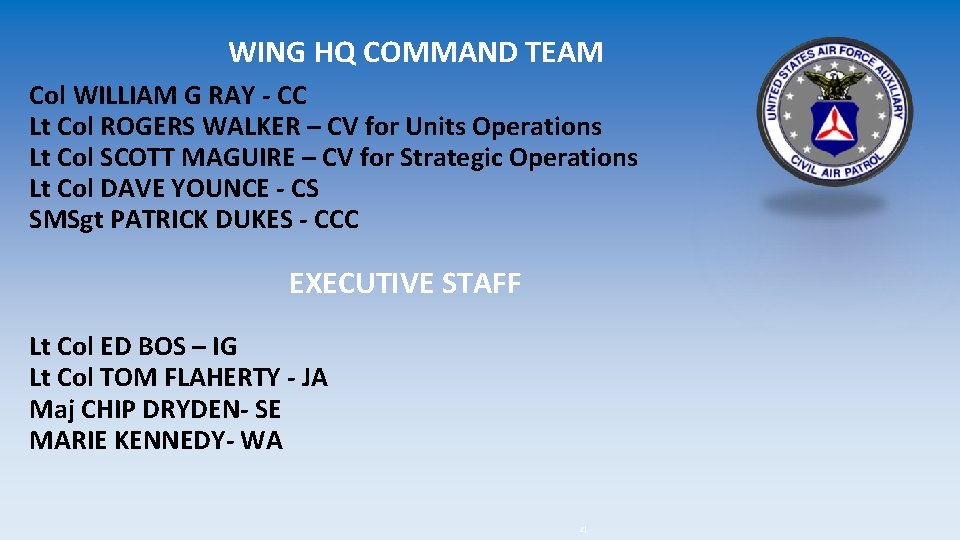 WING HQ COMMAND TEAM Col WILLIAM G RAY - CC Lt Col ROGERS WALKER