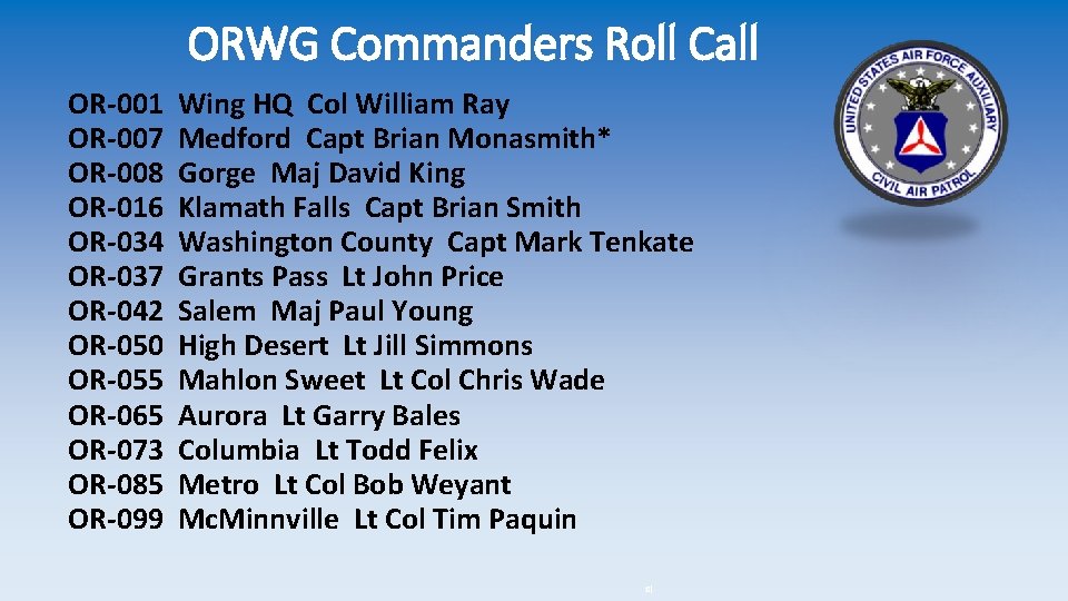 ORWG Commanders Roll Call Wing HQ Col William Ray Medford Capt Brian Monasmith* Gorge
