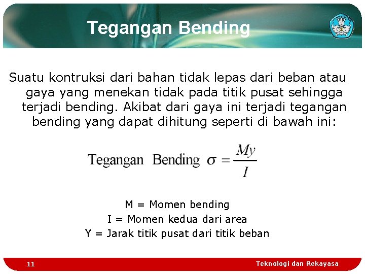 Tegangan Bending Suatu kontruksi dari bahan tidak lepas dari beban atau gaya yang menekan