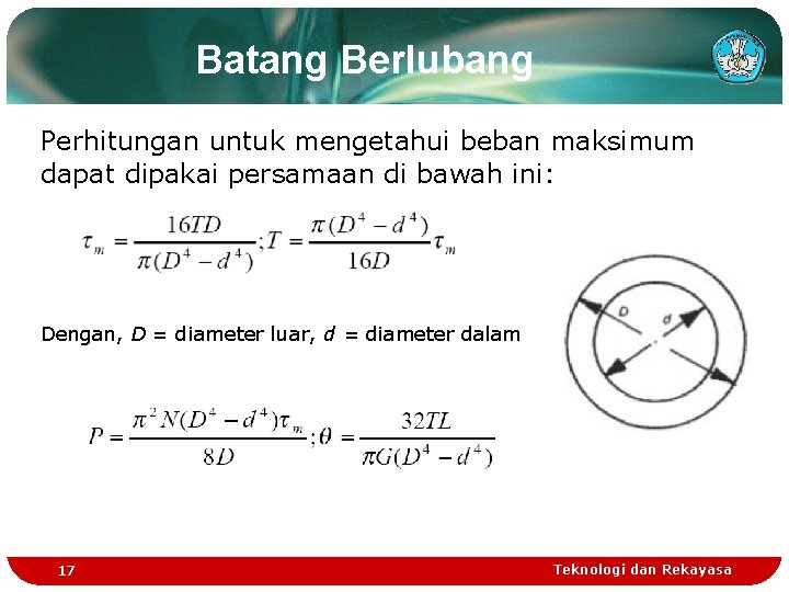 Batang Berlubang Perhitungan untuk mengetahui beban maksimum dapat dipakai persamaan di bawah ini: Dengan,