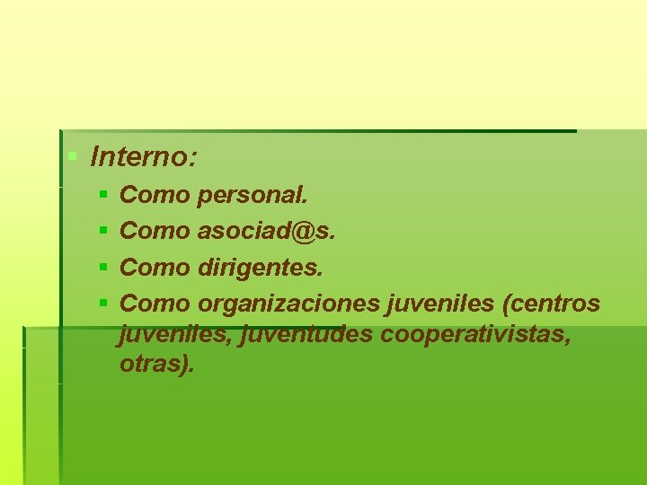 § Interno: § § Como personal. Como asociad@s. Como dirigentes. Como organizaciones juveniles (centros