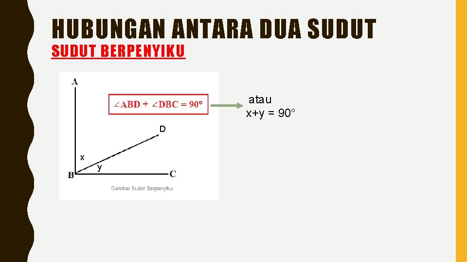 HUBUNGAN ANTARA DUA SUDUT BERPENYIKU atau x+y = 90° D x y 