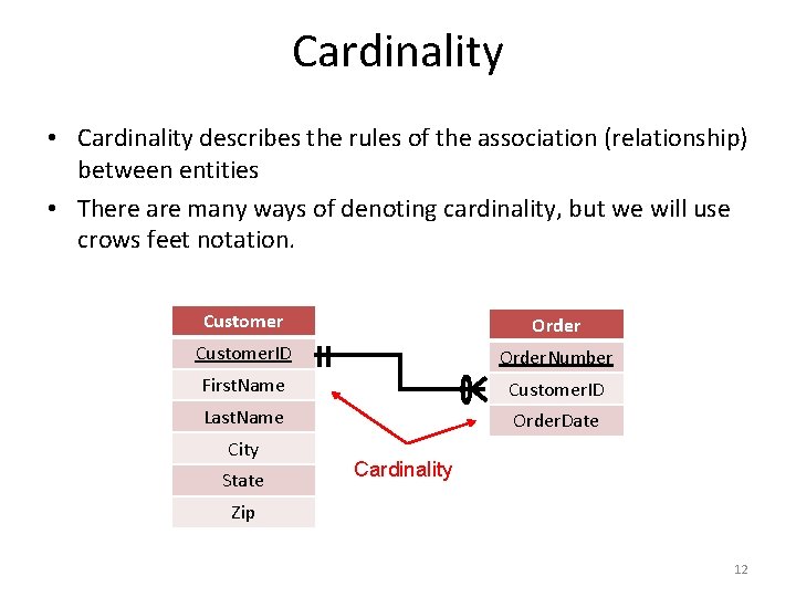 Cardinality • Cardinality describes the rules of the association (relationship) between entities • There