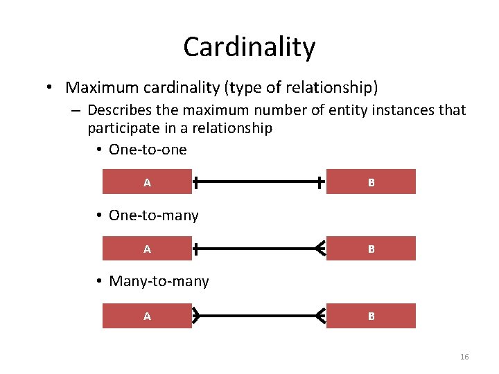 Cardinality • Maximum cardinality (type of relationship) – Describes the maximum number of entity