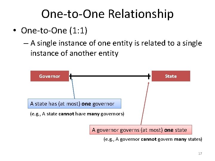 One-to-One Relationship • One-to-One (1: 1) – A single instance of one entity is