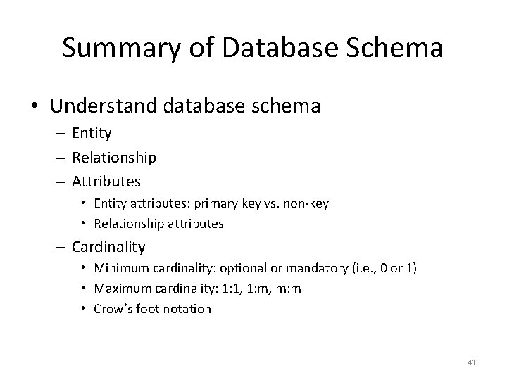 Summary of Database Schema • Understand database schema – Entity – Relationship – Attributes