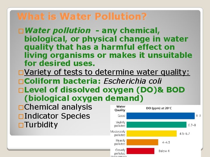 What is Water Pollution? �Water pollution - any chemical, biological, or physical change in