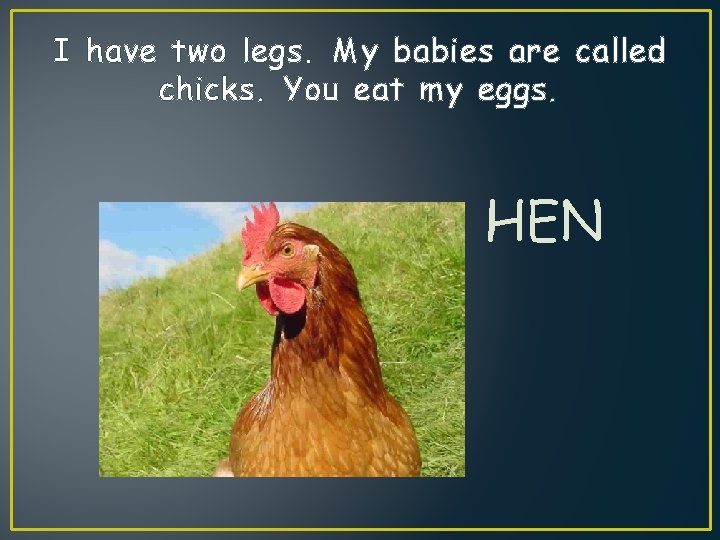 I have two legs. My babies are called chicks. You eat my eggs. HEN