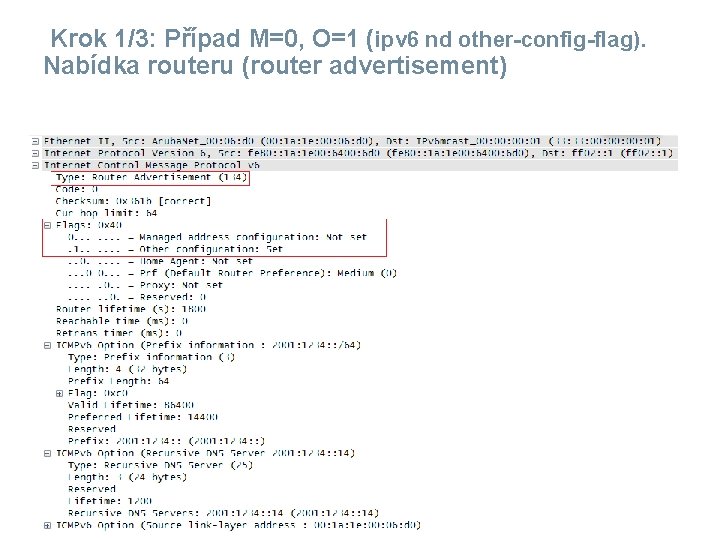 Krok 1/3: Případ M=0, O=1 (ipv 6 nd other-config-flag). Nabídka routeru (router advertisement) 