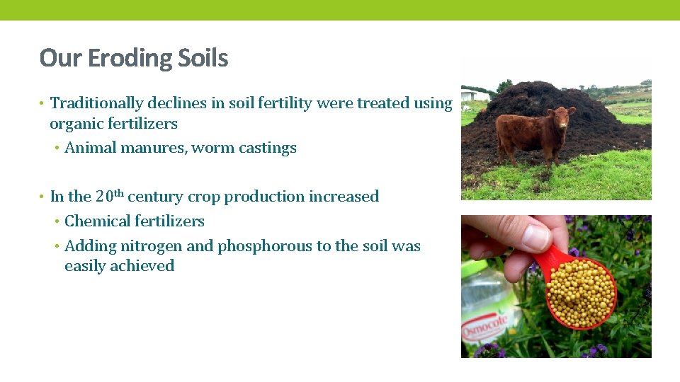 Our Eroding Soils • Traditionally declines in soil fertility were treated using organic fertilizers
