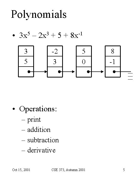 Polynomials • 3 x 5 – 2 x 3 + 5 + 8 x-1