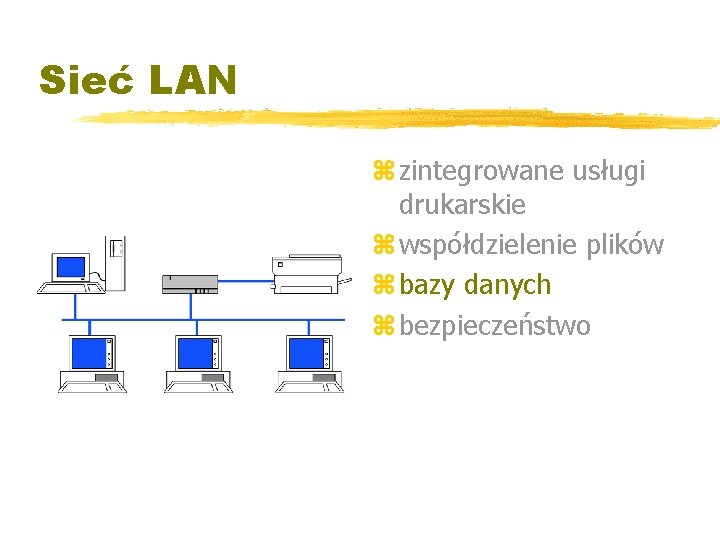 Sieć LAN z zintegrowane usługi drukarskie z współdzielenie plików z bazy danych z bezpieczeństwo
