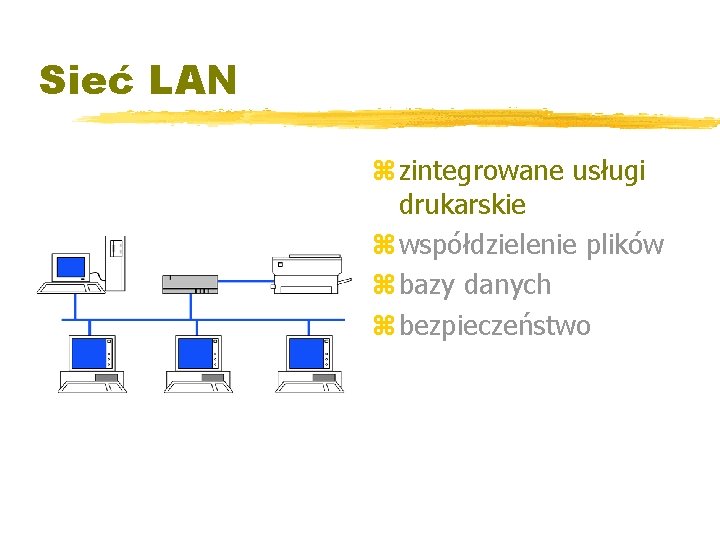 Sieć LAN z zintegrowane usługi drukarskie z współdzielenie plików z bazy danych z bezpieczeństwo