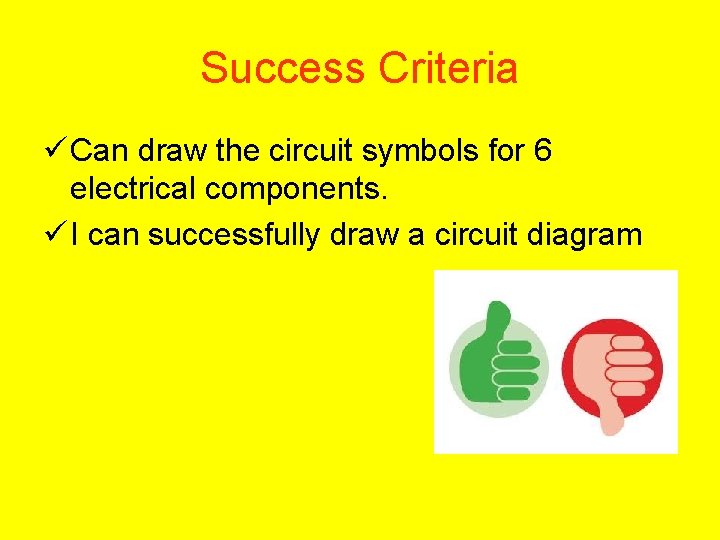 Success Criteria ü Can draw the circuit symbols for 6 electrical components. ü I