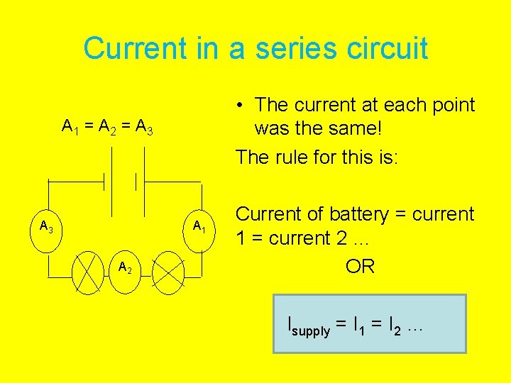 Current in a series circuit • The current at each point was the same!